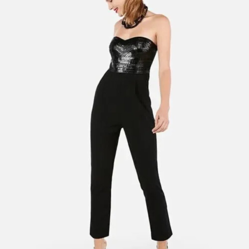 Embellished Sequin Bodice Strapless Jumpsuit, Black, Size 00, NWT